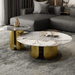 Amina Nesting Coffee Table Set, Gold Base, Sintered Stone(Amina Nesting Coffee Table Set Gold Sintered Stone)