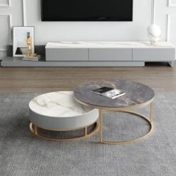 Lvinta Grey Round Nesting Coffee Table, Gold Base(Lvinta Grey Round Nesting Coffee Table With Tv Stand Gold Leg)