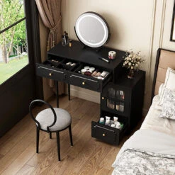 Scarlett Dressing Table With Side Cabinet & LED Mirror, Black(Scarlett Dressing Table)