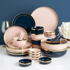 8 Piece Dinner Set, Pink And Dark Blue(8 Piece Dinner Set Pink And Dark Blue)