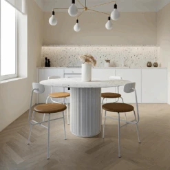Cracky White Round Dining Table, Premium Terrazzo And Wood Base(Cracky Round Dining Table Sintered Stone)