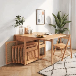 Nydia Foldable Dining Table Set With Storage, Rattan, Solid Wood(Nydia Dining Room Table With Storage And Rattan Doors)